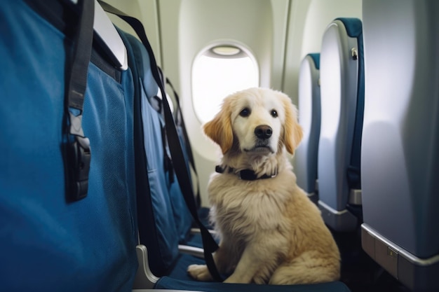 Hund am Fenster an Bord eines Flugzeugs, Reisen mit Haustieren, generative KI