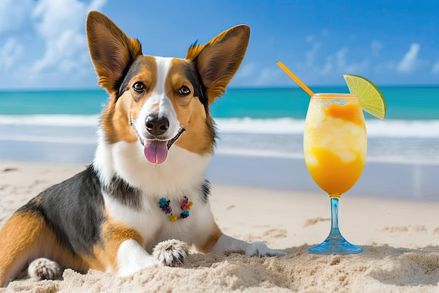 Hund am Strand mit einem Cocktail-Ai-Generativ