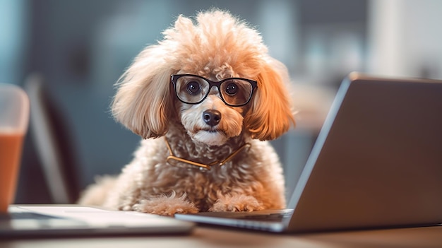 Hund Aprikosenpudel mit Brille sitzt an einem Tisch und blickt auf einen Laptop das Konzept der Arbeit von zu Hause aus während der Quarantäne Generative KI