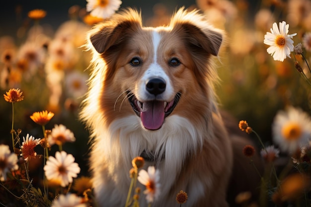 Hund auf einem Blumenfeld