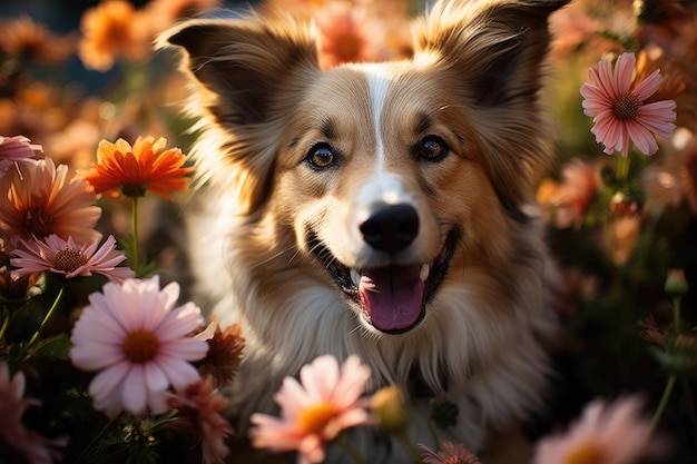Hund auf einem Blumenfeld