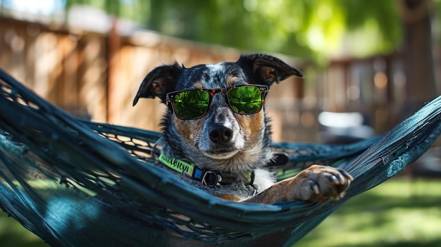 Hund auf Hängeschleife mit Sonnenbrille Lustiger Hund auf Urlaub in Hängschleife mit Sonnbrille KI Generativ