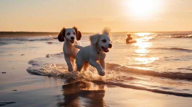 hund bei sonnenuntergang im meer laufen spielen strand wildfeld und sae wasser