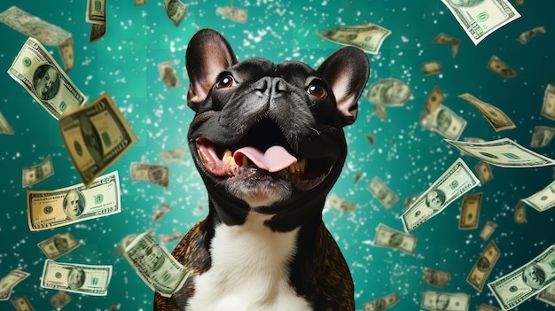 Hund blickt auf fallende Geldscheine