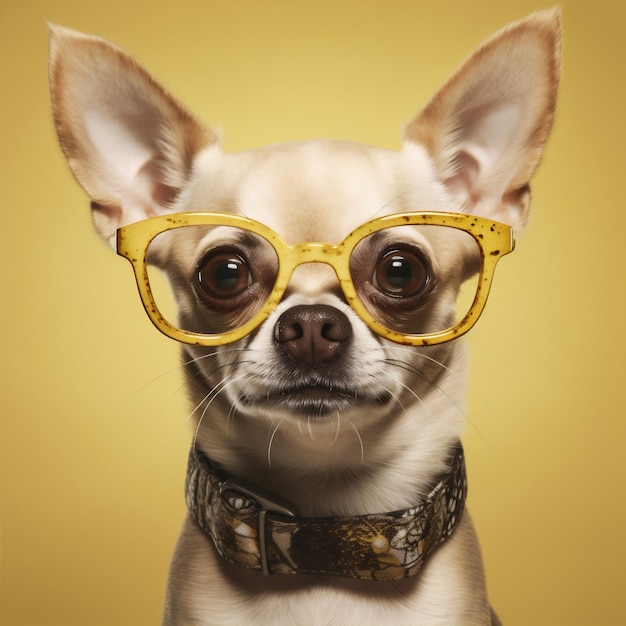 Hund Chihuahua Brille Haustier süßer Welpe Schutzbrille Hintergrund Porträt Tier gelb Generative KI