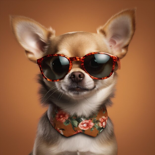 Hund Chihuahua süßes Porträt Welpe Haustier Brille Mode Hintergrund gelbes Tier Generative KI