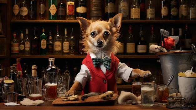 Foto hund, der als barkeeper getränke serviert