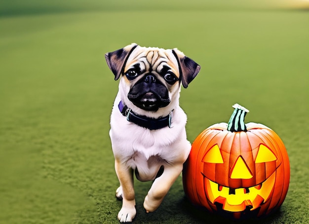 Hund, der ein Geisterkostüm trägt und für Halloween zwischen Kürbissen sitzt