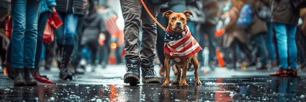 Hund, der ein Hemd mit amerikanischer Flagge trägt und während der US-Präsidentschaftswahl im Freien an der Leine geht