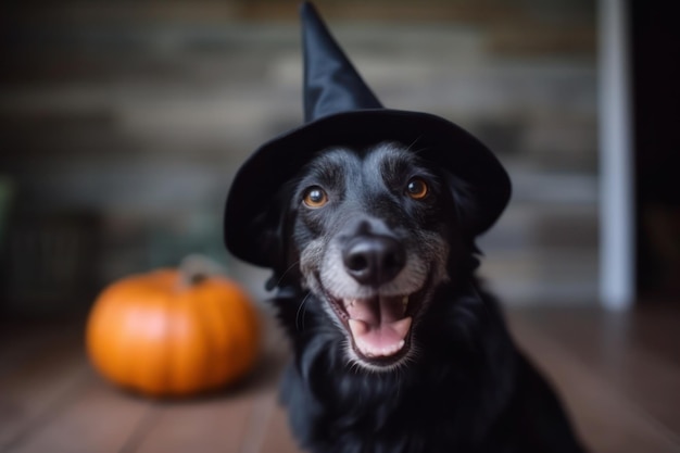 Hund, der einen Hexenhut für Halloween trägt