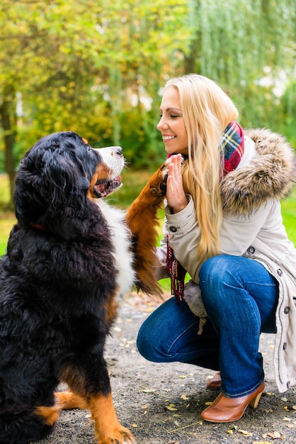 Hund, der Hände mit der Tatze zu seiner Frau rüttelt