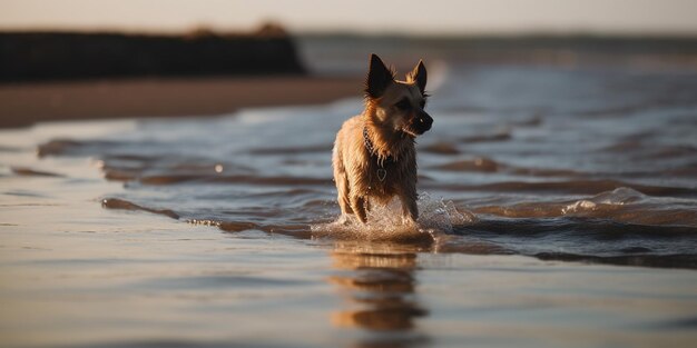 Hund, der in der Nähe des Strandes schwimmt, das Wasser berührt das Ufer, der Ozean ist riesig