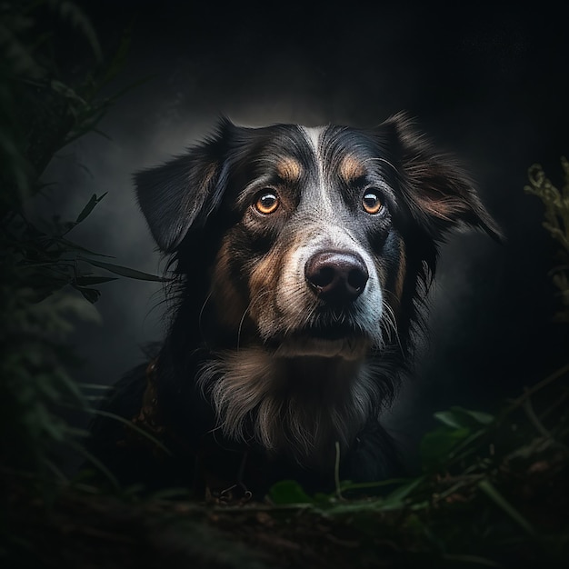Hund, der nach draußen schaut, Portrait von Hund, schwarzer Hintergrund, Studiofoto