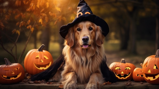 Hund der Rasse Golden Retriever im Halloween-Kostüm im Wald, umgeben von Kürbislaternen