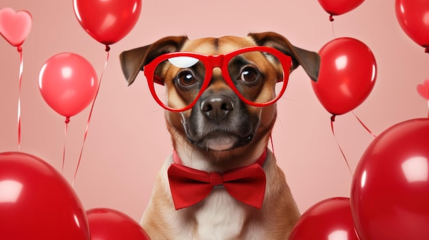 Hund, der von herzförmigen Ballons umgeben ist