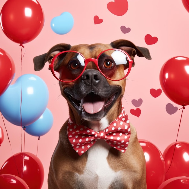 Hund, der von herzförmigen Ballons umgeben ist