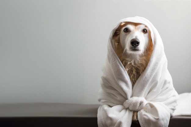 Hund entspannt sich nach dem Bad Haustiere Spa-Pflegesalon Haustier-Resort Tierpflege-Service Baden Ruhe entspannen Wellness Textfreiraum für Werbetexte Generative KI