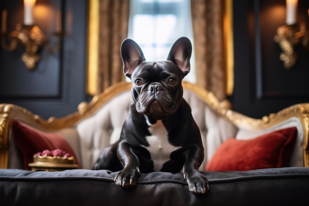 Hund Französische Bulldogge oder Labrador Retriever auf dem Sofa Generative KI