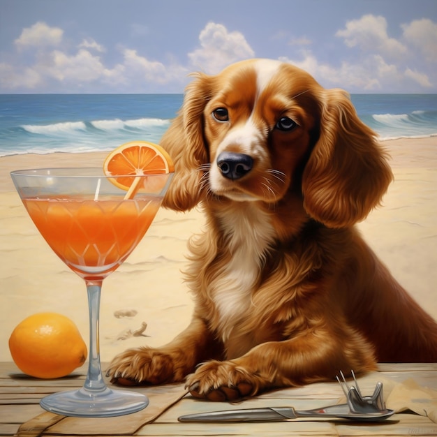 Hund genießt einen Cocktail am Strand. Generative KI