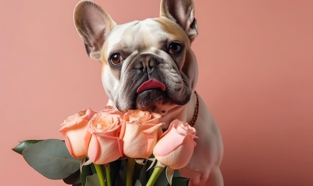 Hund hält einen Strauß Tulpen zwischen den Zähnen auf rosa Hintergrund. Frühlingskarte zum Valentinstag, Frauentag, Geburtstag, generative KI