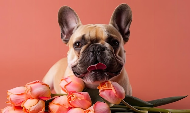 Hund hält einen Strauß Tulpen zwischen den Zähnen auf rosa Hintergrund. Frühlingskarte zum Valentinstag, Frauentag, Geburtstag, generative KI