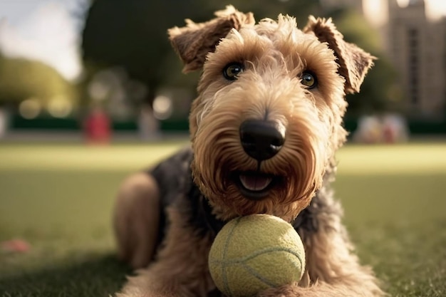 Hund Haustier Airedale Terrier erdelterier im Park mit Ball auf grünem Gras Illustration Generative KI