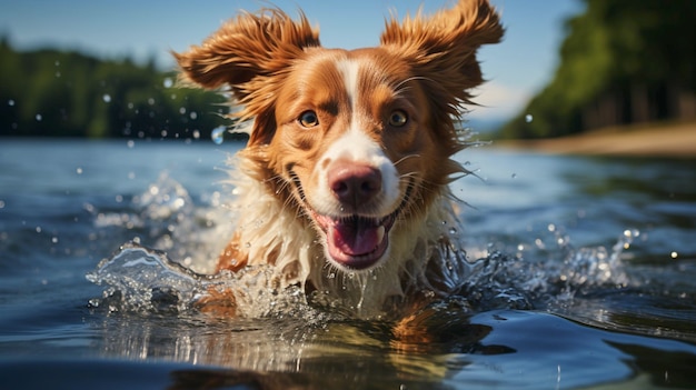 Hund holt zwei Bälle im Wasser. Der Hund genießt und planscht im Wasser. Die Hunderasse