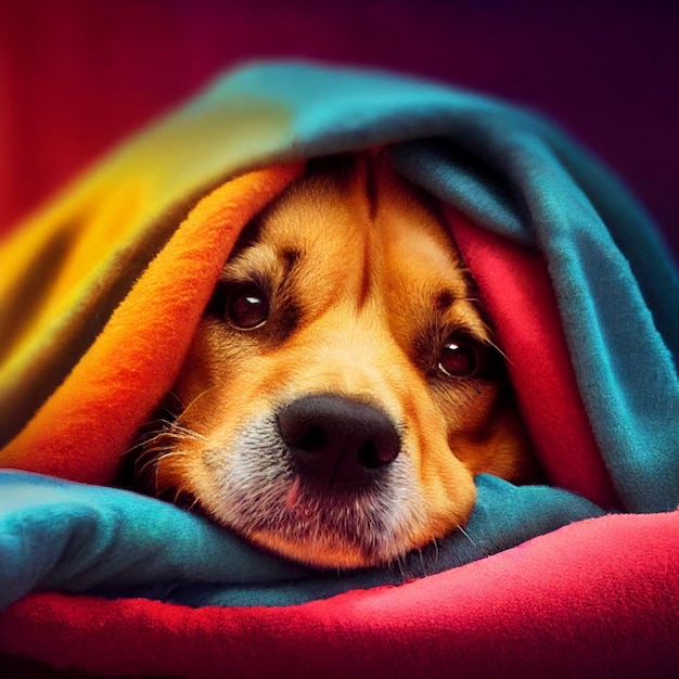 Hund im Bett mit Decken bedeckt