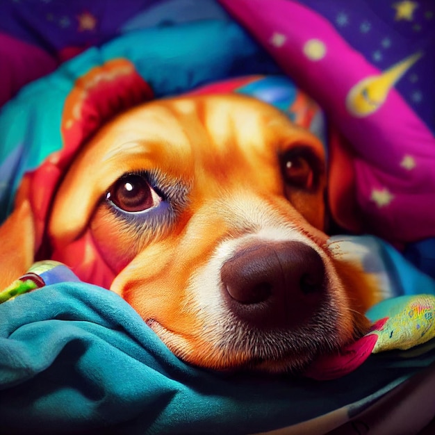 Hund im Bett mit Decken bedeckt