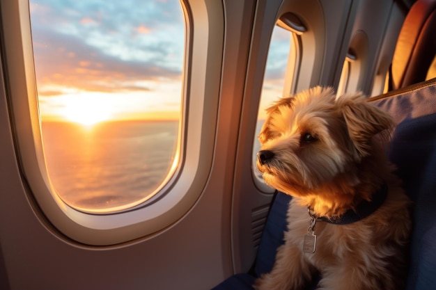 Hund im Flugzeug in der Nähe des Fensters bei Sonnenuntergang