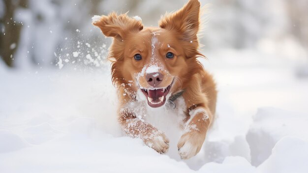 Hund im Freien, der im Winter spielt