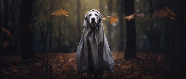 Hund im Halloween-Kostüm im Wald