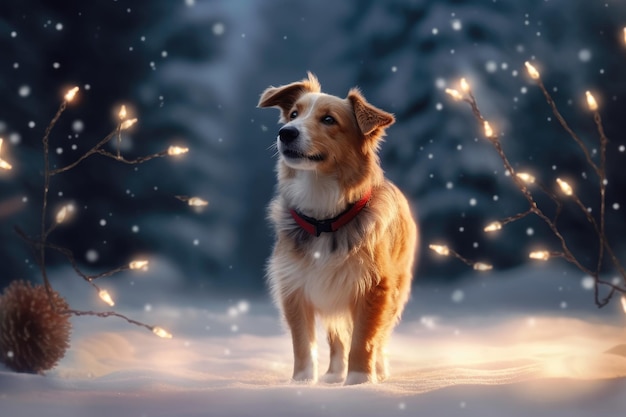 Foto hund im schnee mit feenlichtern und bäumen