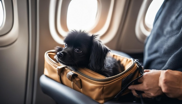 Hund in der Flugzeugkabine in der Nähe des Fensters während des Flugkonzepts des Reisens und der Bewegung mit