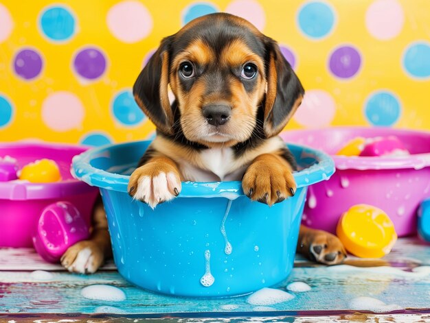 Hund in einem Schaumbad in einem modernen Interieur