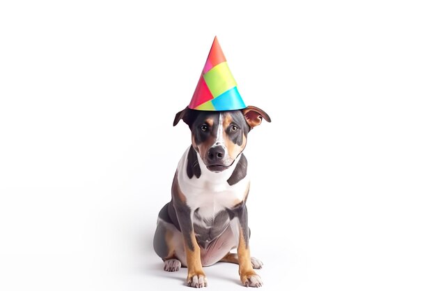 Foto hund in einer party-mütze an einem geburtstag an einem feiertag weißer hintergrund isolierte ki generiert