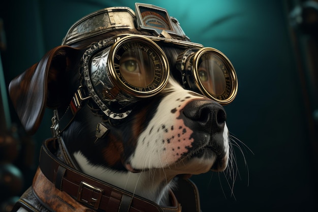 Hund in Pelz mit goldener Brille fotorealistischer Fantasy-Stil Dieselpunk-Generation ai