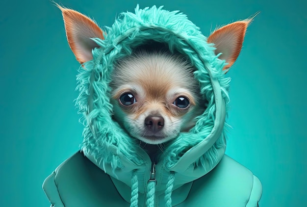 Hund in warmer Kleidung mag kein kaltes Wetter im Stil des farbenfrohen Absurdismus