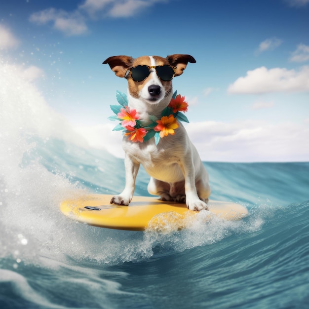 Hund Jack Russell surft auf der Welle Illustration AI GenerativexA