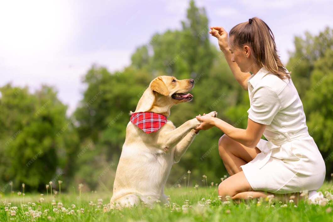 Hund labrabod gibt einem mädchenhundetrainingskonzept eine pfote