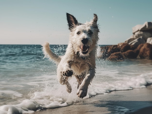 Hund läuft an einem sonnigen Tag am Strand KI-generativ
