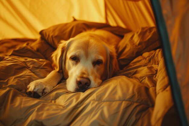 Hund liegt im Zelt im Wald, Camping im Freien mit einem Hund, Reisen mit dem Haustier, Generative KI
