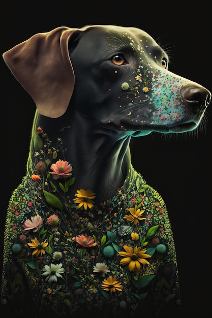 Hund mit Blumen auf schwarzem Hintergrund geschmückt