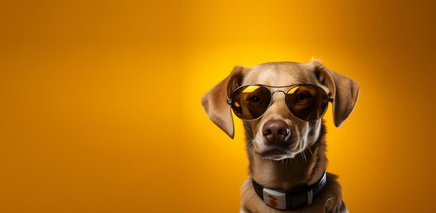 Hund mit Brille auf gelbem Hintergrund mit leerem Raum, generiert von KI