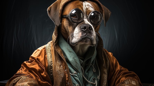 Hund mit Brille auf schwarzem Hintergrund Hund im Steampunk-Kostüm AI generativ