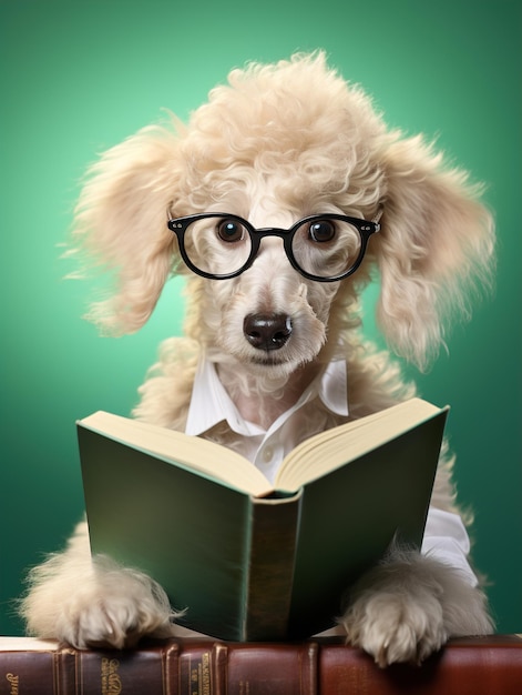 Hund mit Brille liest ein Buch