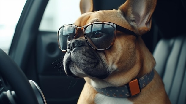 Hund mit Brille sitzt im Auto Generative Ai