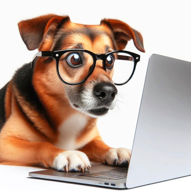 Hund mit Brille und einem überraschten Blick auf ihrem Gesicht schaut auf einen Laptop auf weißem Hintergrund