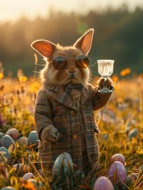 Hund mit einem Glas Champagnerwein Ostertag Kommunion farbige Eier und Frühling