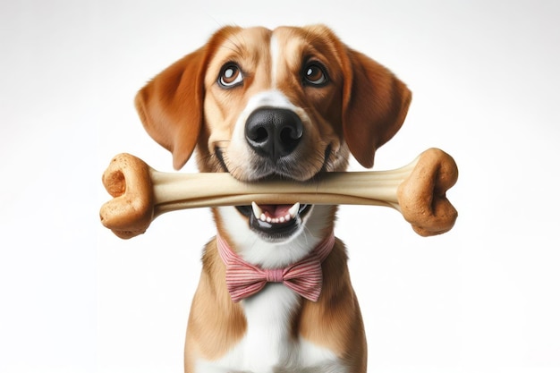 Hund mit einem Knochen in den Zähnen auf weißem Hintergrund